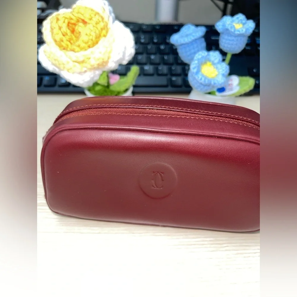 Cartier Deep Bordeaux Burgundy Leather Mini cosmetic/Toiletry Case- Pouche